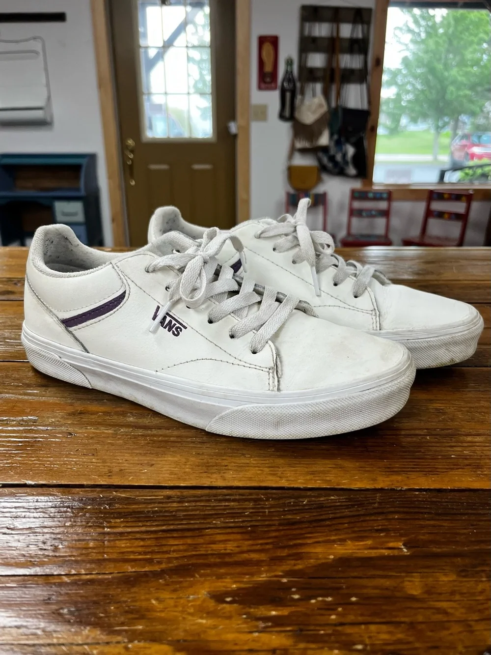 Vans Women’s White Low-Top Sneakers with Purple Stripe